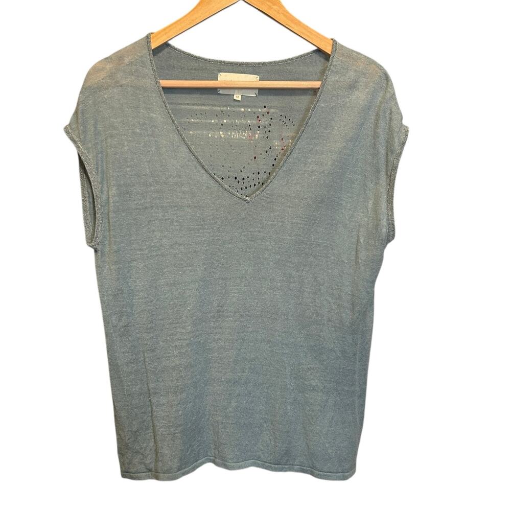 Sud Express‎ Women Top M Blue Back Laser Cut Design Cottagecore Coastal Beachy